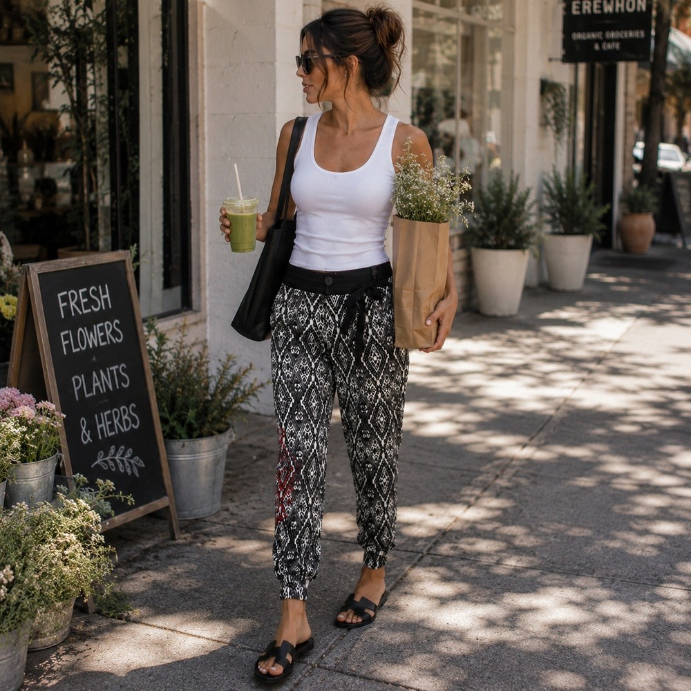 Desigual Claudia Black White Geometric Tribal Embroidered Jogger Pants Size L